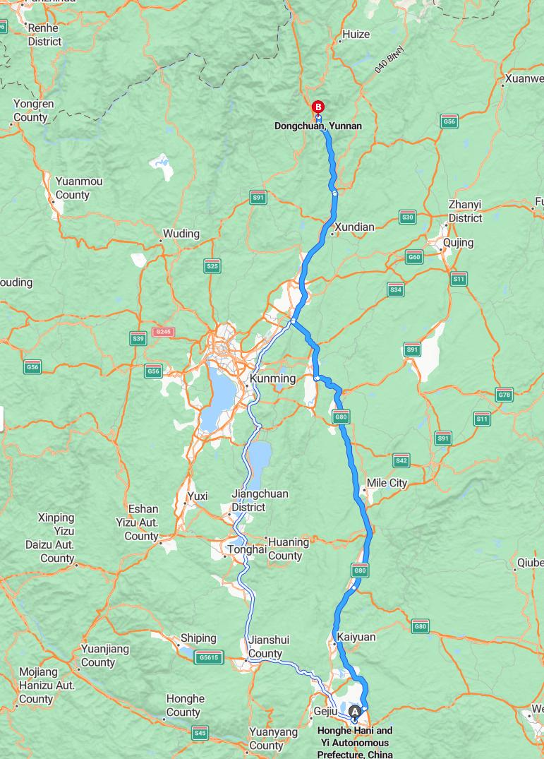 driving from Honghe, Yunnan to DongchuanYunnan - map and route