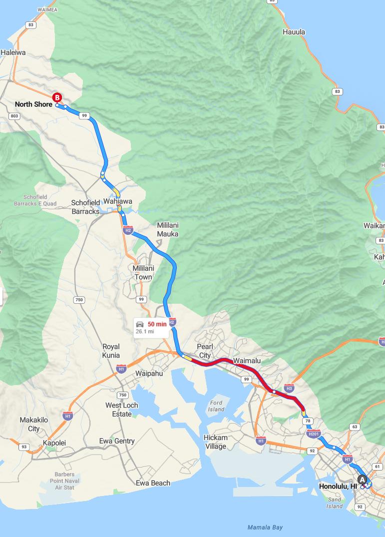 driving from Honolulu, Hawaii to North ShoreHawaii - map and route