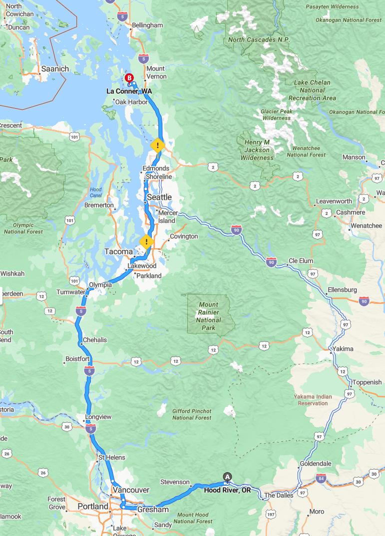 driving from Hood River, Oregon to La ConnerWashington - map and route