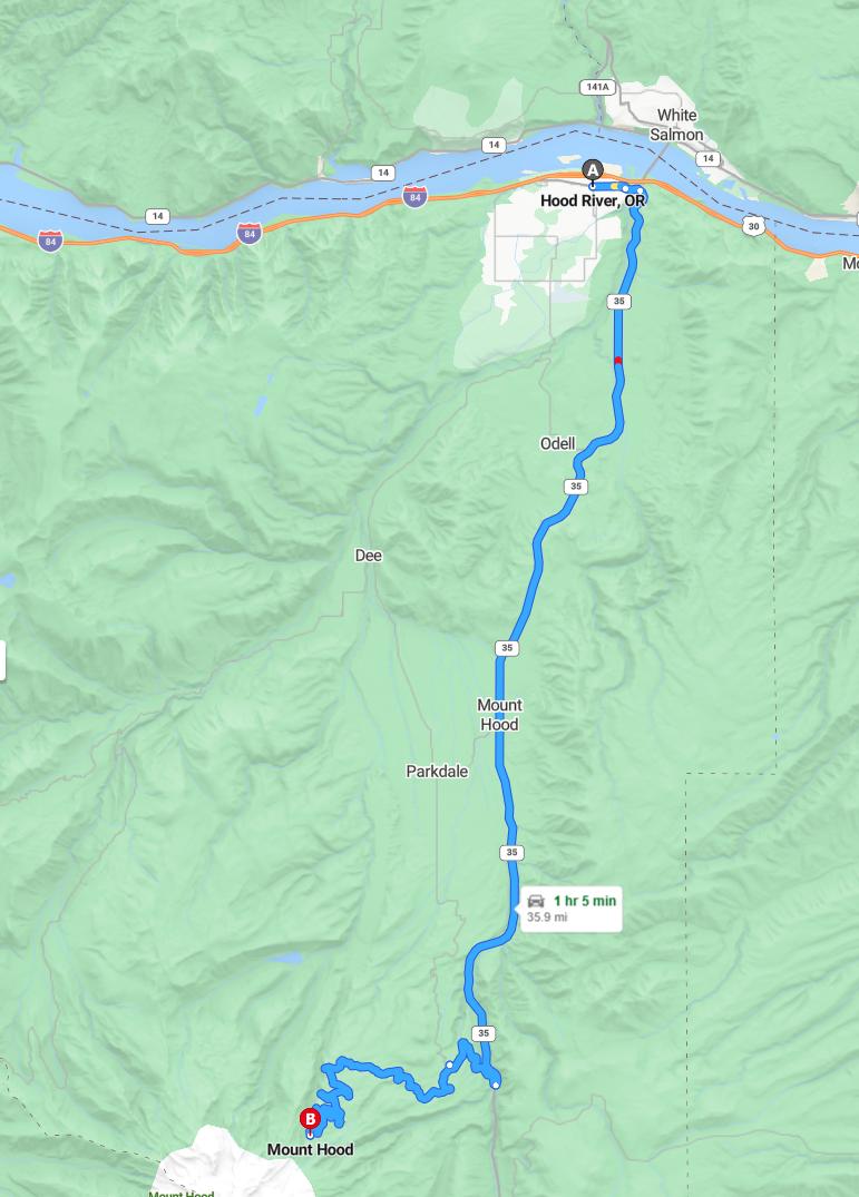 driving from Hood River, Oregon to Mt. HoodOregon - map and route