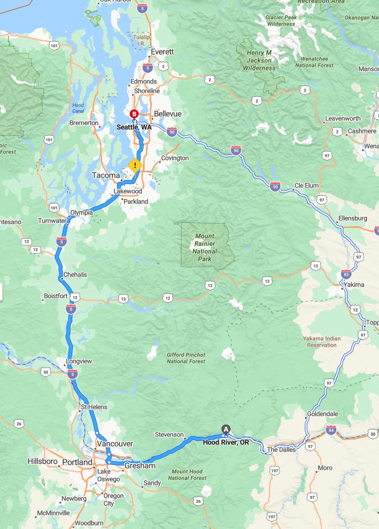 driving from Hood River, Oregon to SeattleWashington - map and route
