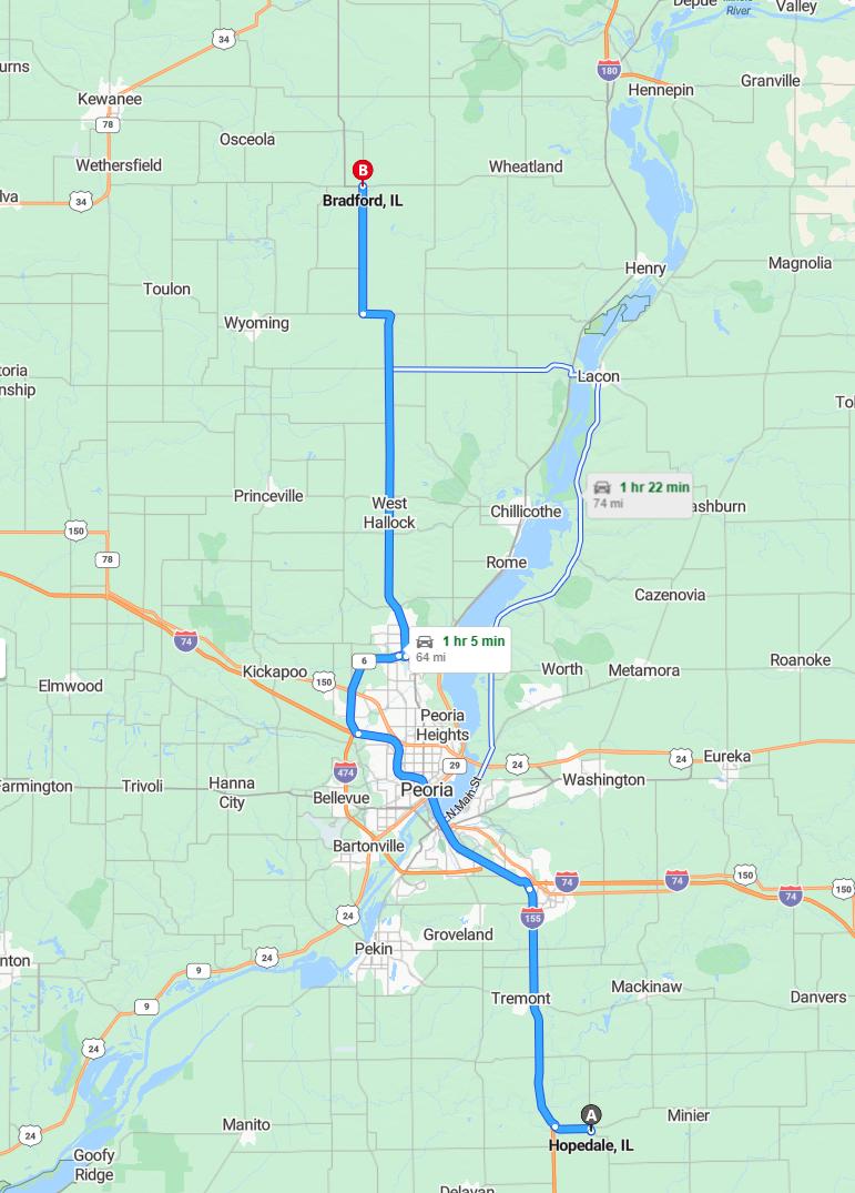 driving from Hopedale, Illinois to BradfordIllinois - map and route