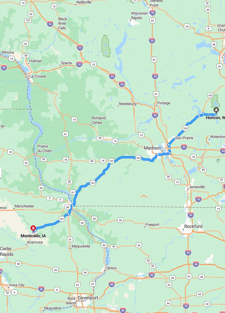 driving from Horicon, Wisconsin to MonticelloIowa - map and route