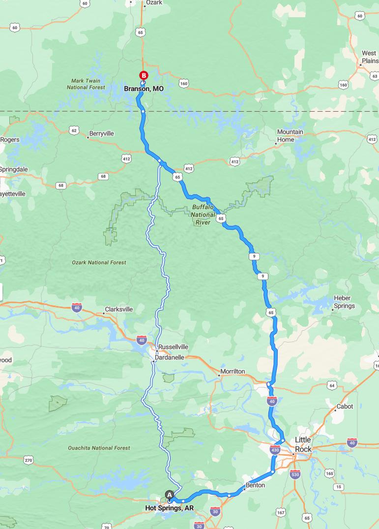 driving from Hot Springs, Arkansas to BransonMissouri - map and route