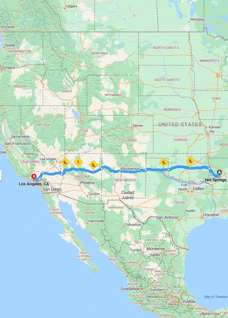 driving from Hot Springs, Arkansas to Los AngelesCalifornia - map and route