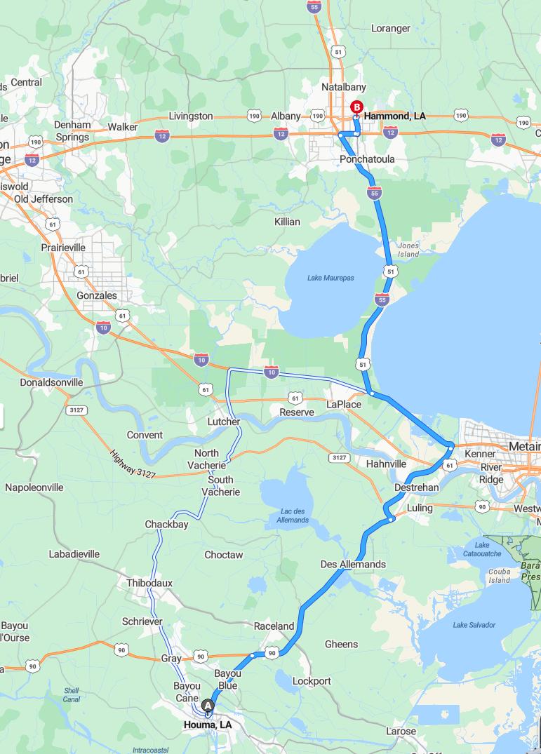 driving from Houma, Louisiana to HammondLouisiana - map and route
