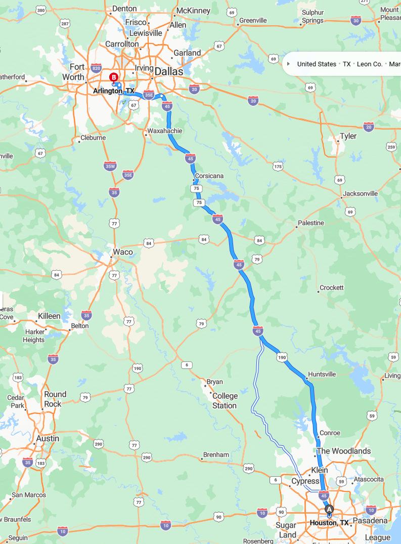 driving from Houston, Texas to ArlingtonTexas - map and route