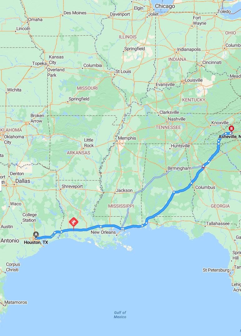 driving from Houston, Texas to AshevilleNorth Carolina - map and route