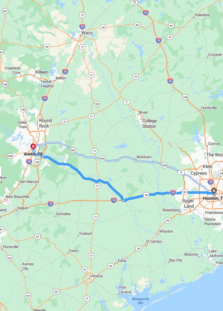 driving from Houston, Texas to AustinTexas - map and route