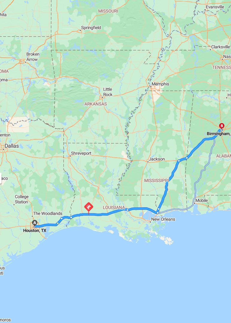 driving from Houston, Texas to BirminghamAlabama - map and route