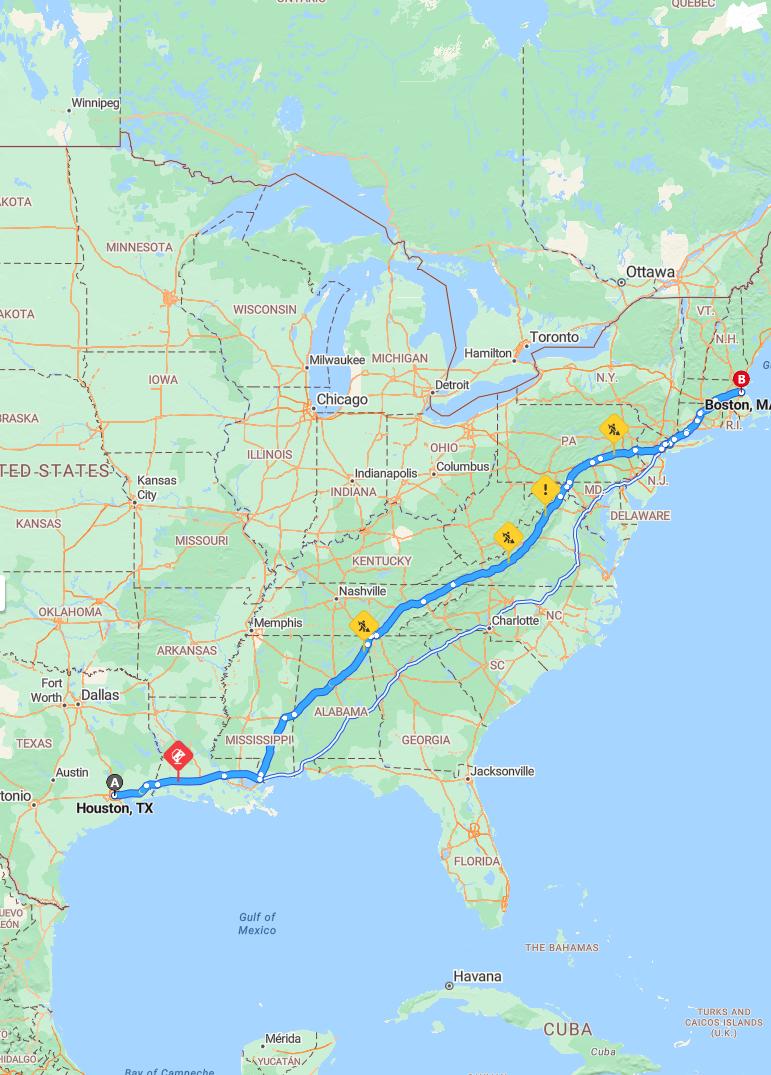 driving from Houston, Texas to BostonMassachusetts - map and route