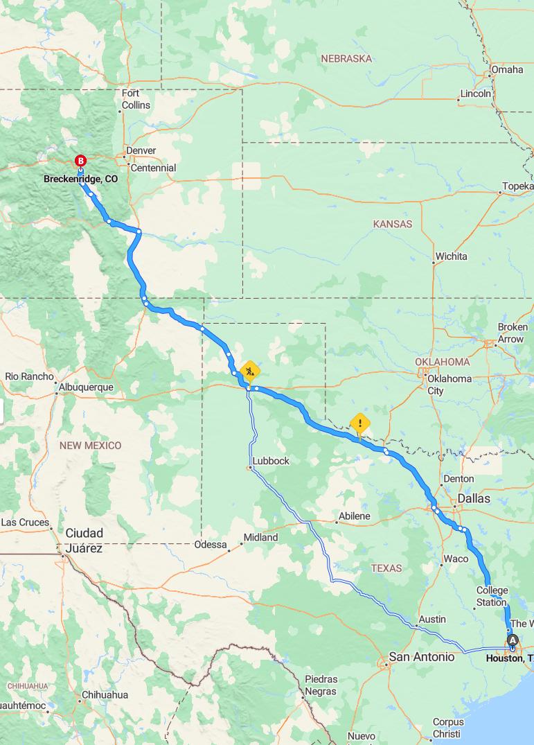 driving from Houston, Texas to BreckenridgeColorado - map and route