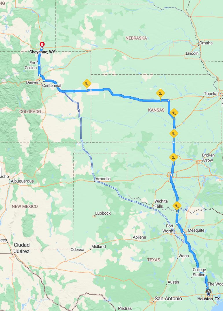 driving from Houston, Texas to CheyenneWyoming - map and route