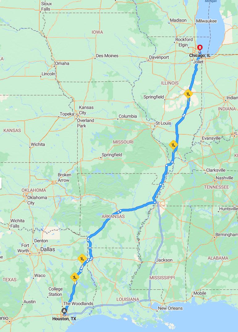 driving from Houston, Texas to ChicagoIllinois - map and route