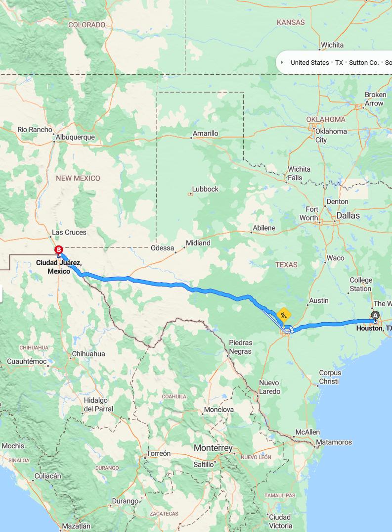driving from Houston, Texas to Ciudad JuarezChihuahua - map and route