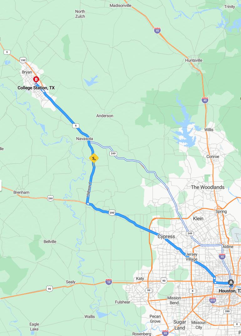 driving from Houston, Texas to College StationTexas - map and route