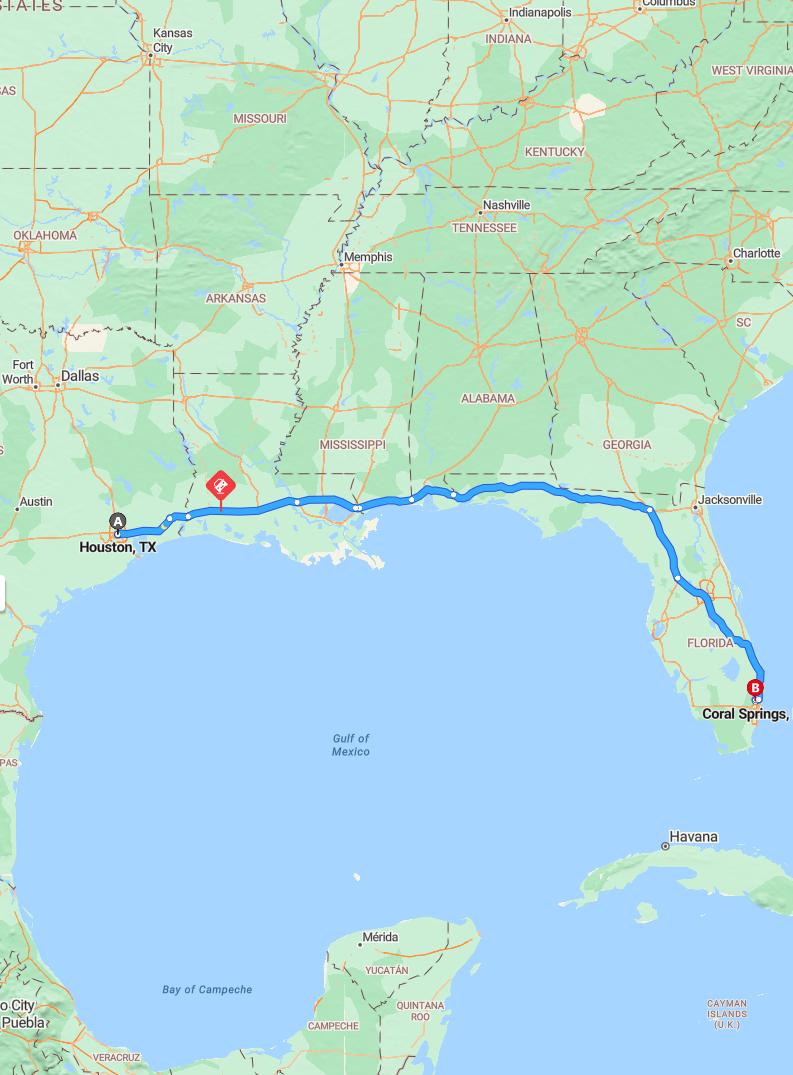 driving from Houston, Texas to Coral SpringsFlorida - map and route