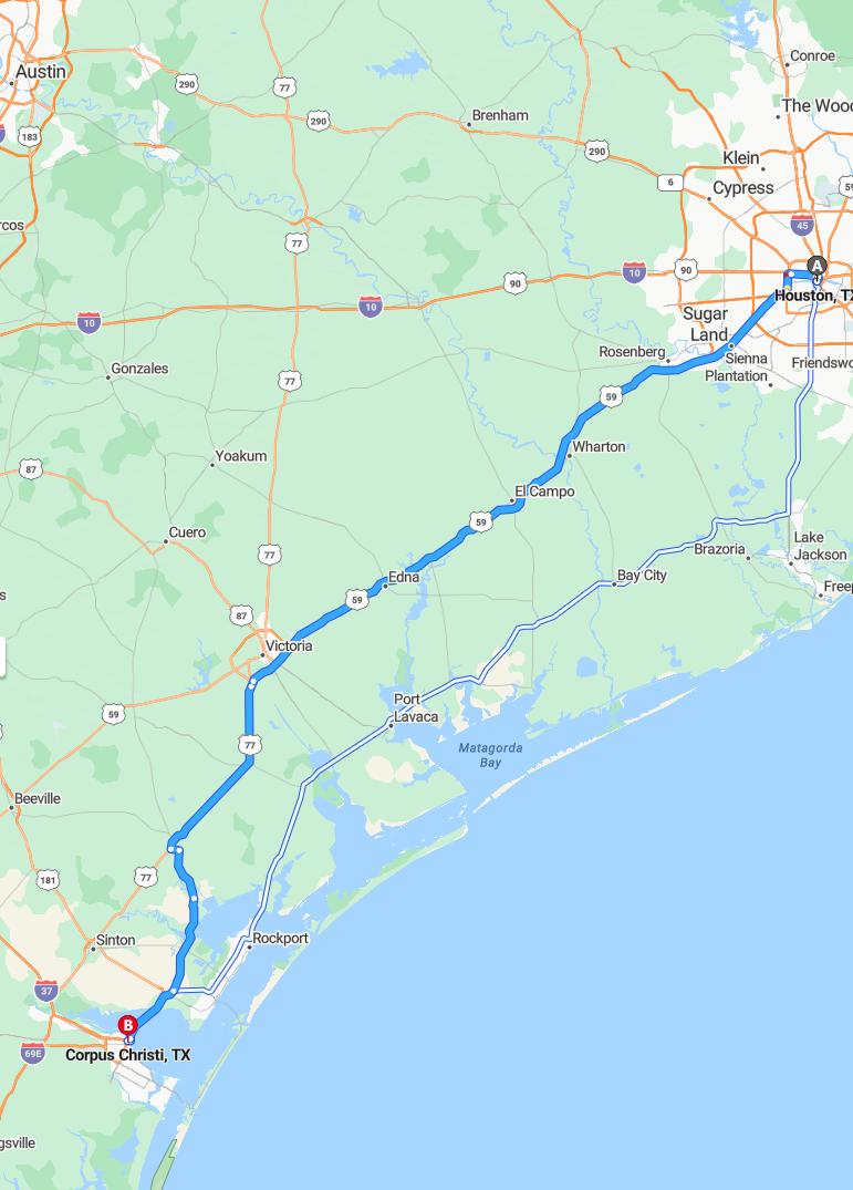 driving from Houston, Texas to Corpus ChristiTexas - map and route
