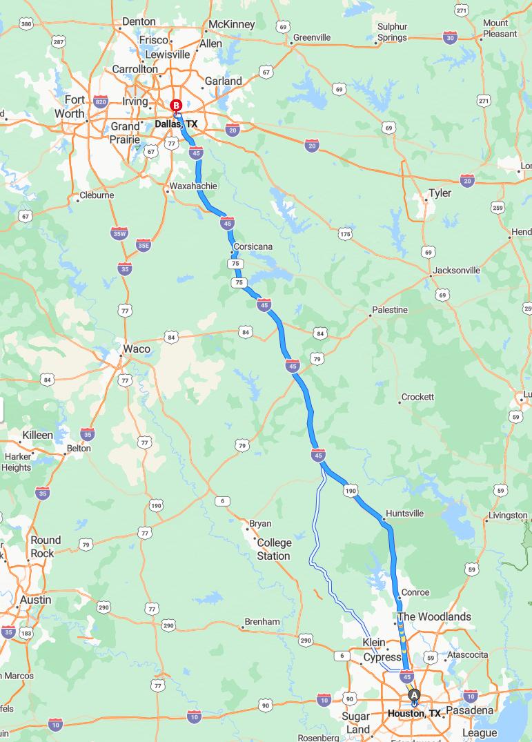 driving from Houston, Texas to DallasTexas - map and route