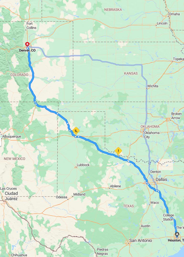 driving from Houston, Texas to DenverColorado - map and route
