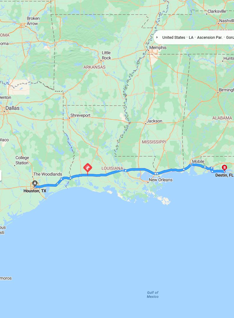 driving from Houston, Texas to DestinFlorida - map and route