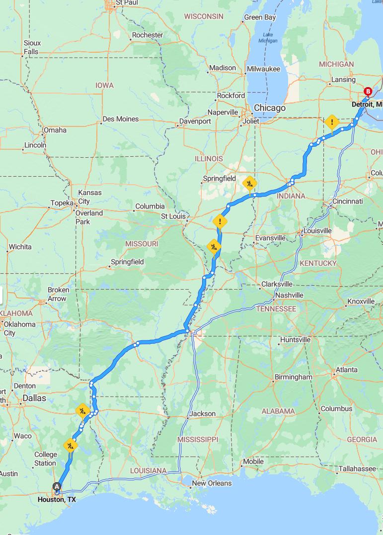 driving from Houston, Texas to DetroitMichigan - map and route