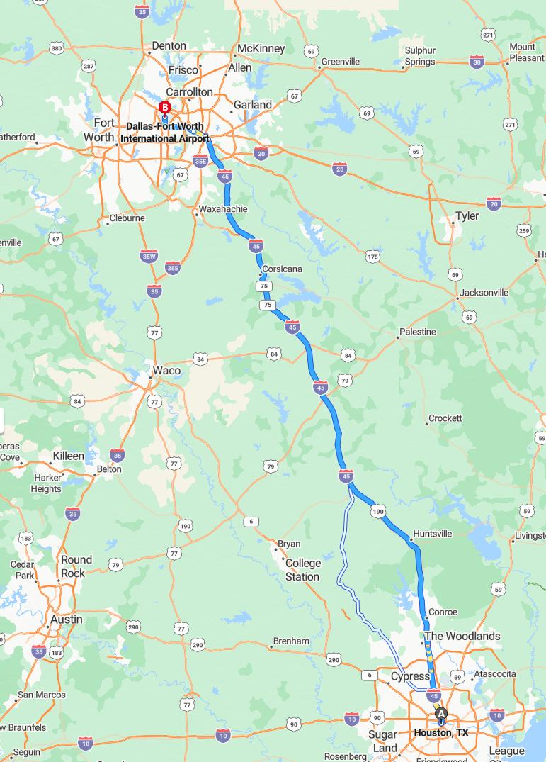 driving from Houston, Texas to DFW AirportTexas - map and route
