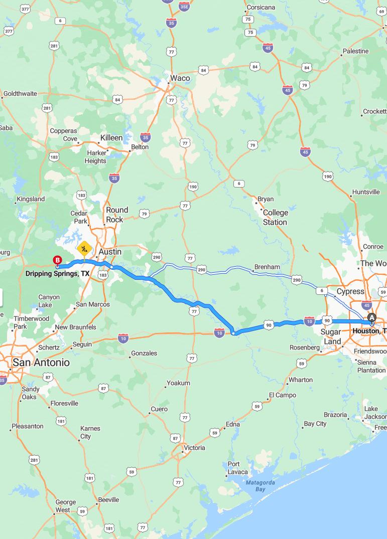 driving from Houston, Texas to Dripping SpringsTexas - map and route
