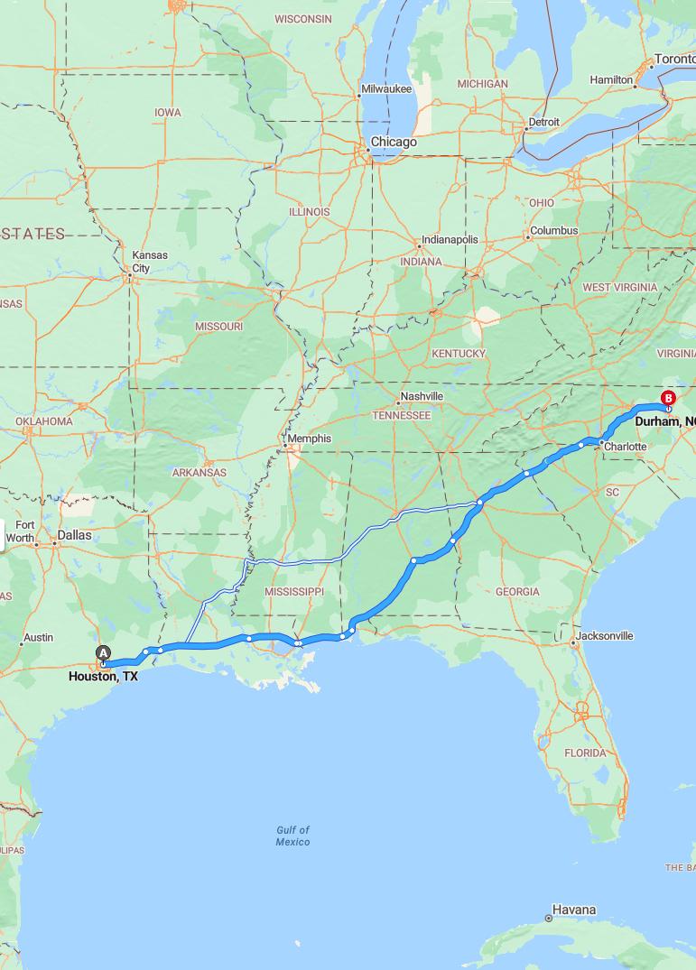 driving from Houston, Texas to DurhamNorth Carolina - map and route