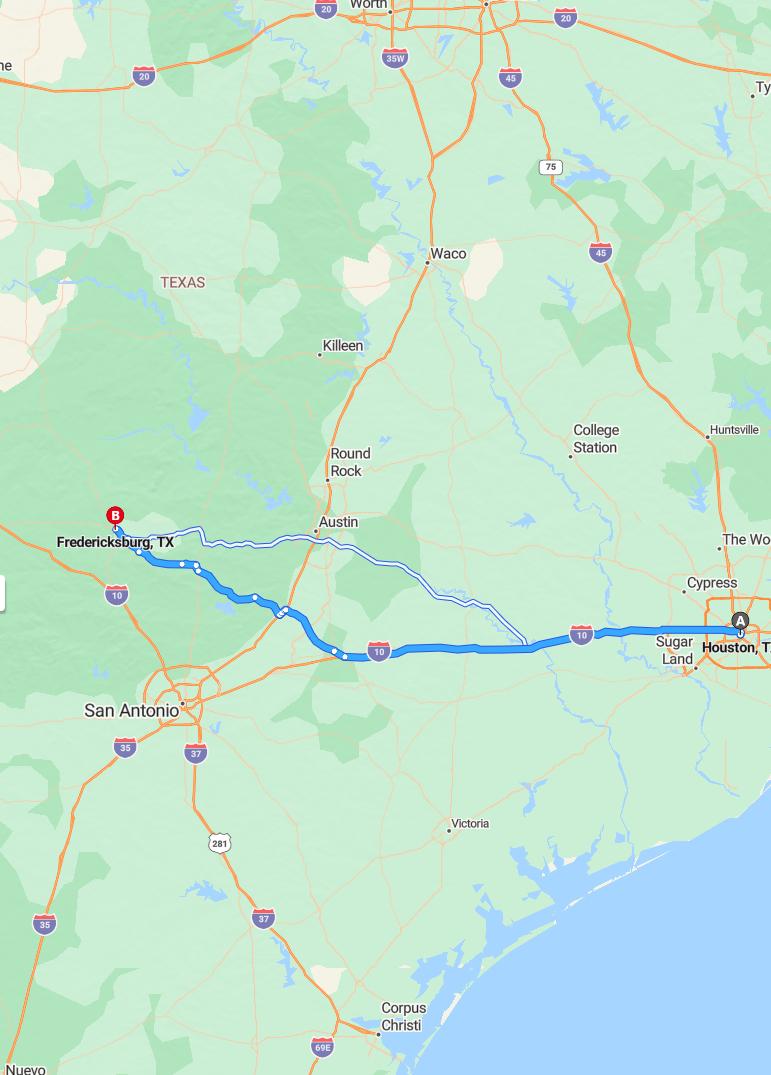 driving from Houston, Texas to FredericksburgTexas - map and route