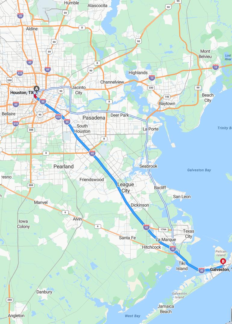 driving from Houston, Texas to GalvestonTexas - map and route
