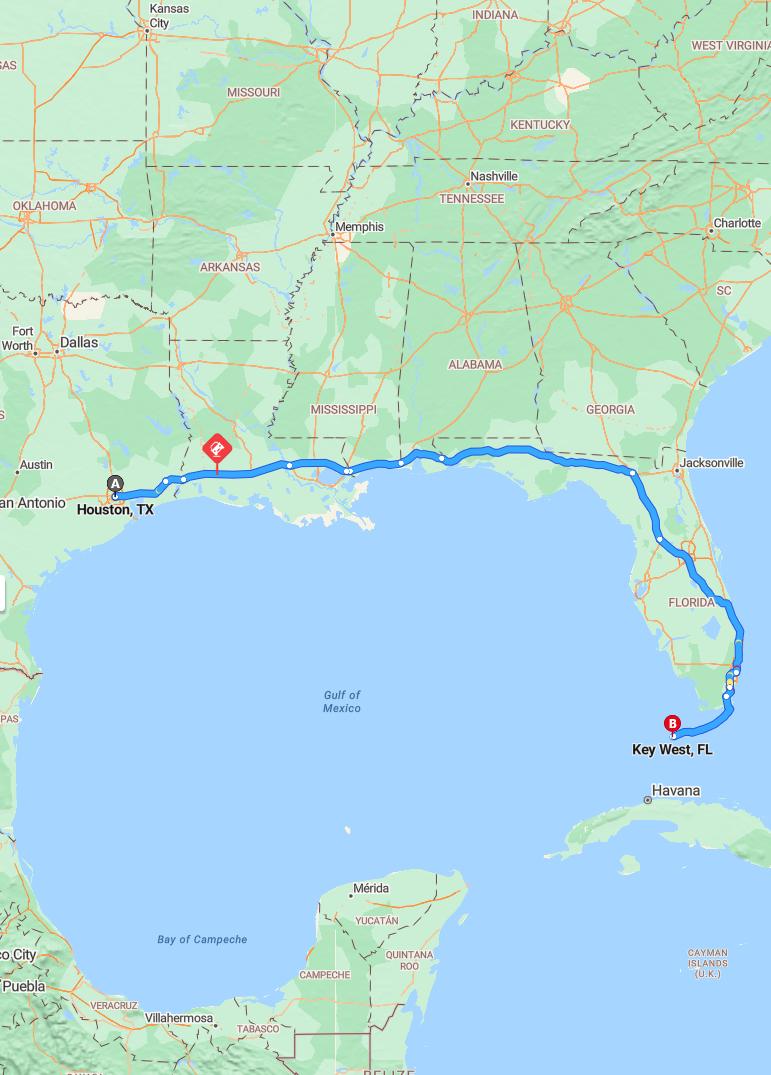 driving from Houston, Texas to Key WestFlorida - map and route