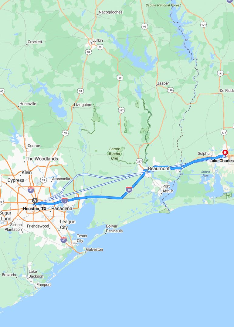 driving from Houston, Texas to Lake CharlesLouisiana - map and route