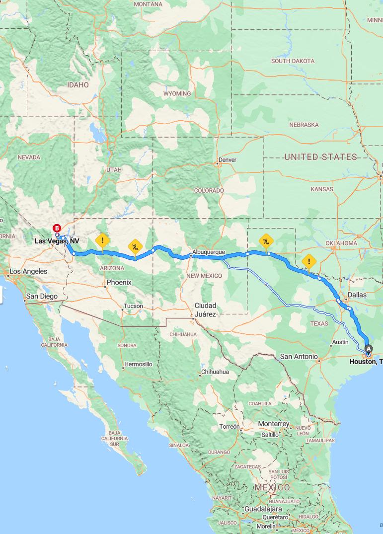 driving from Houston, Texas to Las VegasNevada - map and route