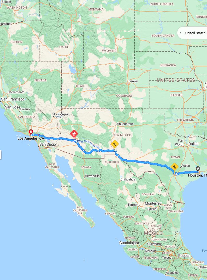 driving from Houston, Texas to Los AngelesCalifornia - map and route