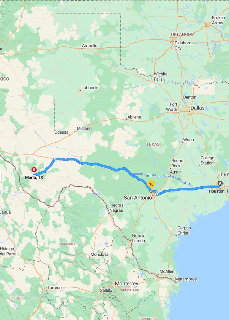 driving from Houston, Texas to MarfaTexas - map and route