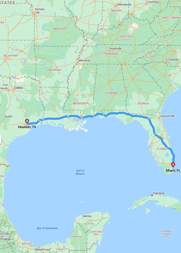 driving from Houston, Texas to MiamiFlorida - map and route
