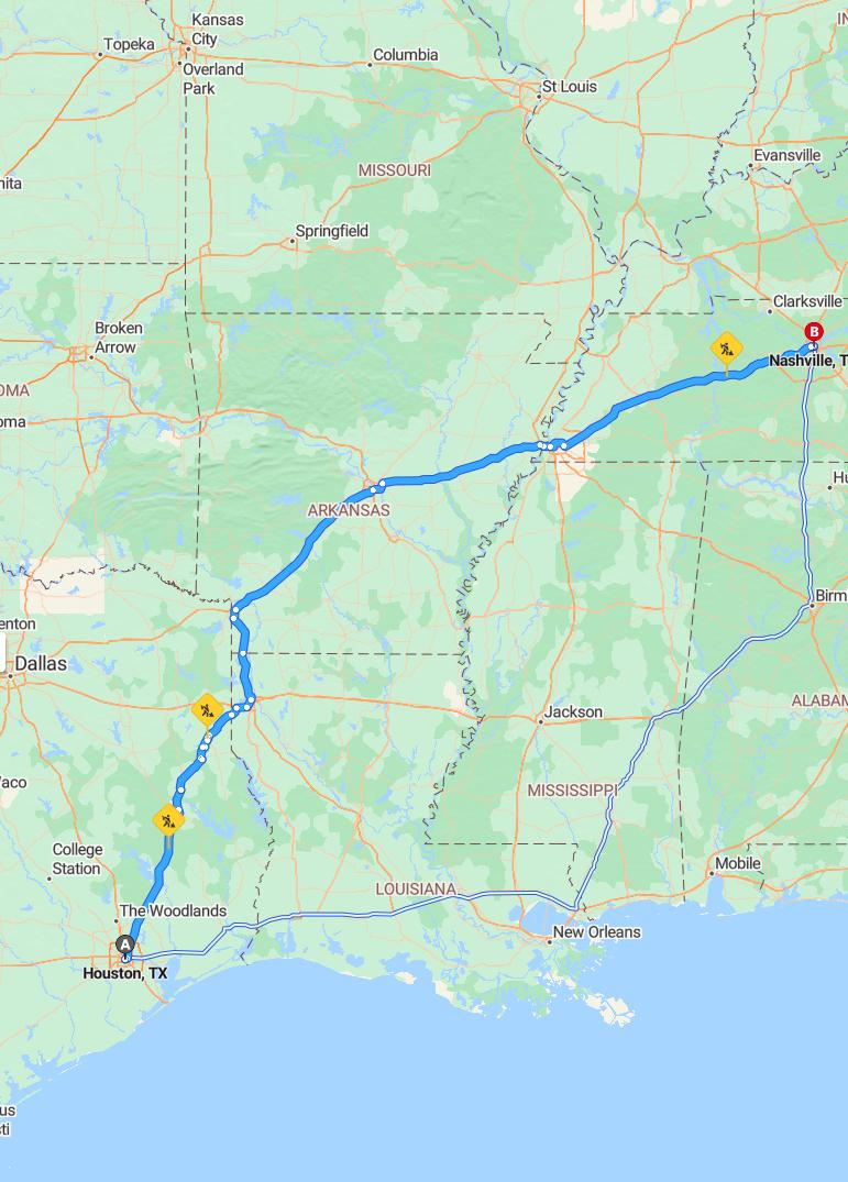 driving from Houston, Texas to NashvilleTennessee - map and route