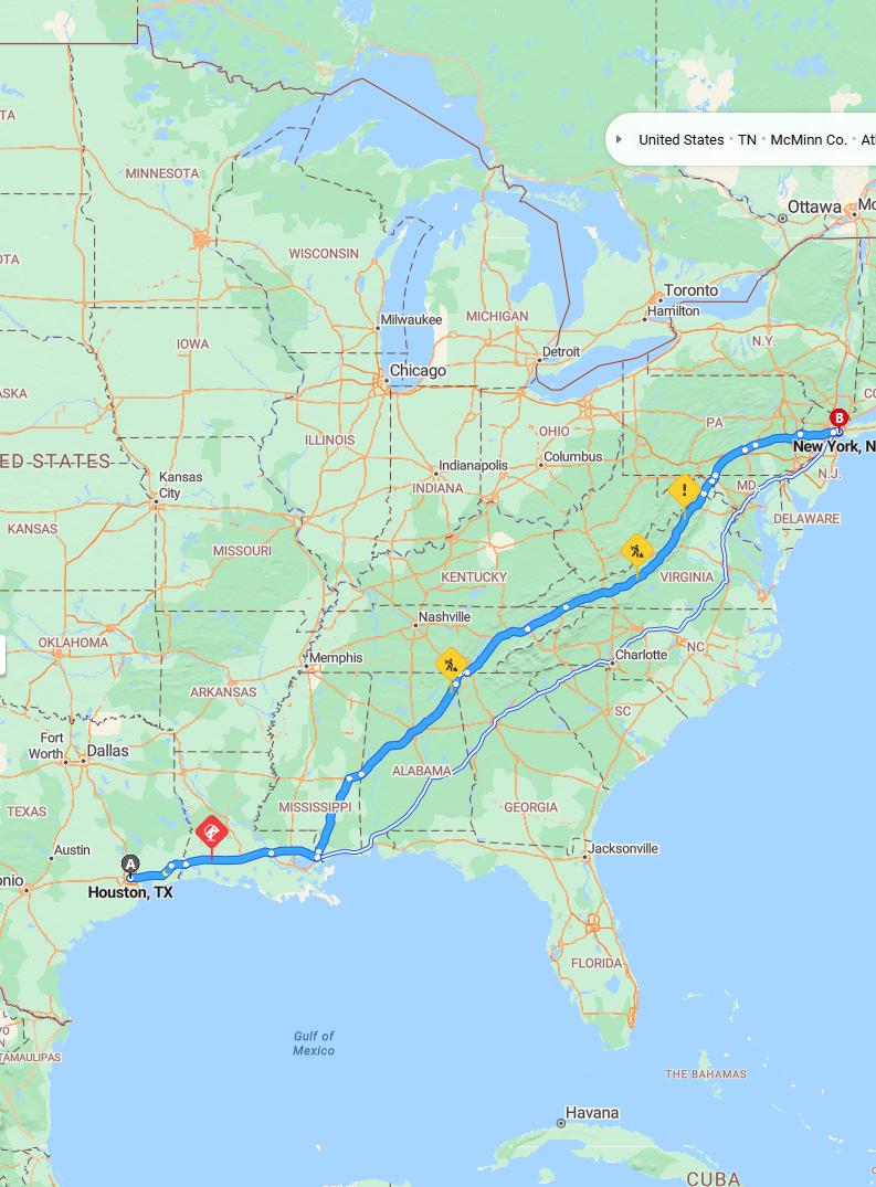 driving from Houston, Texas to New York CityNew York - map and route