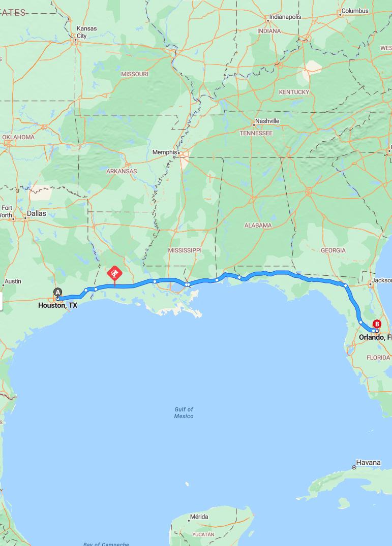 driving from Houston, Texas to OrlandoFlorida - map and route