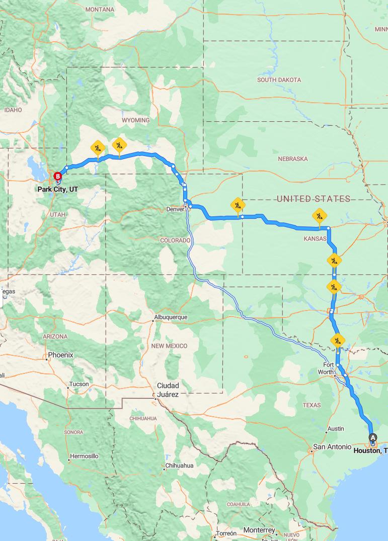 driving from Houston, Texas to Park CityUtah - map and route