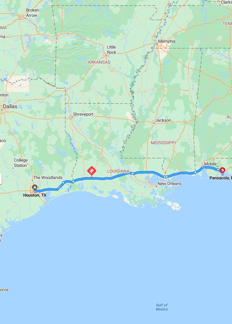 driving from Houston, Texas to PensacolaFlorida - map and route