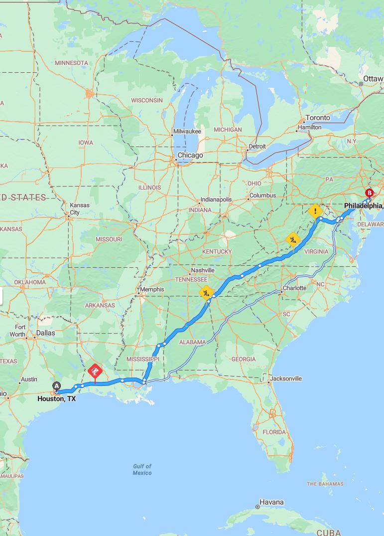 driving from Houston, Texas to PhiladelphiaPennsylvania - map and route