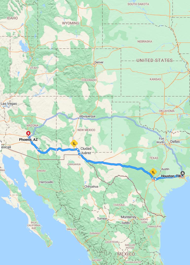 driving from Houston, Texas to PhoenixArizona - map and route