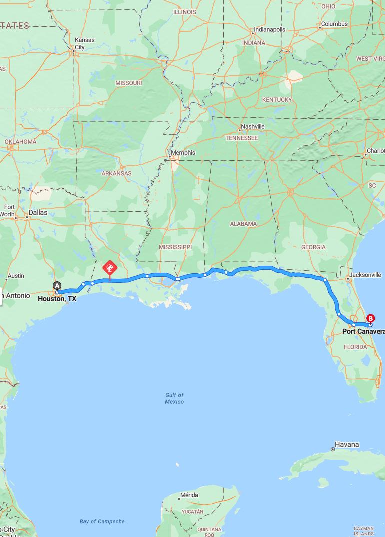driving from Houston, Texas to Port CanaveralFlorida - map and route