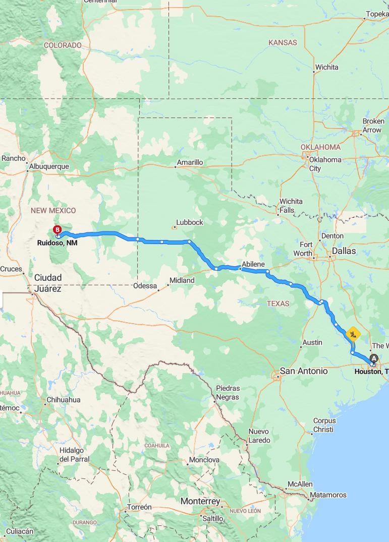 driving from Houston, Texas to RuidosoNew Mexico - map and route