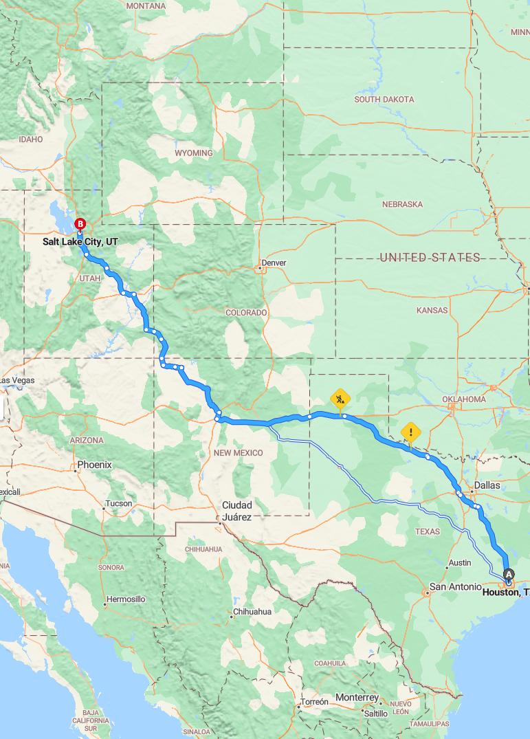 driving from Houston, Texas to Salt Lake CityUtah - map and route