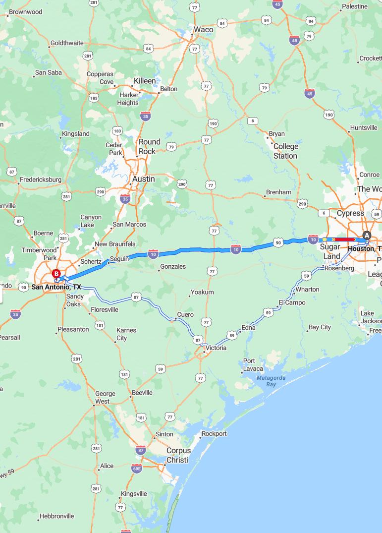 driving from Houston, Texas to San AntonioTexas - map and route