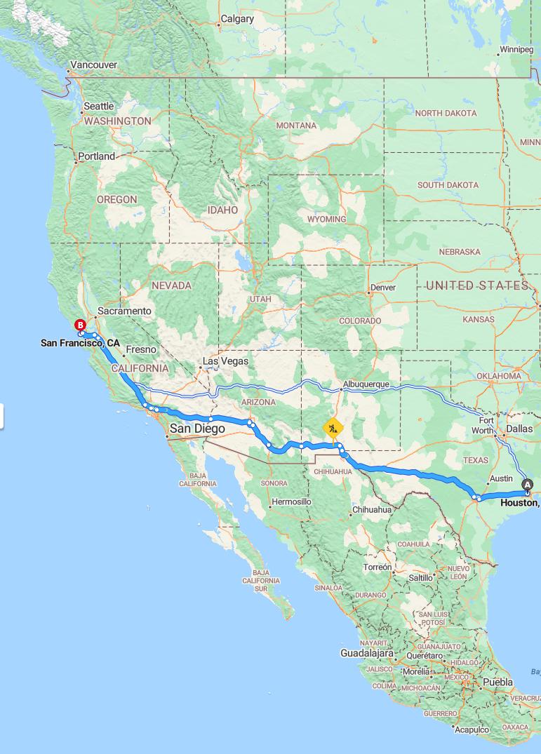 driving from Houston, Texas to San FranciscoCalifornia - map and route