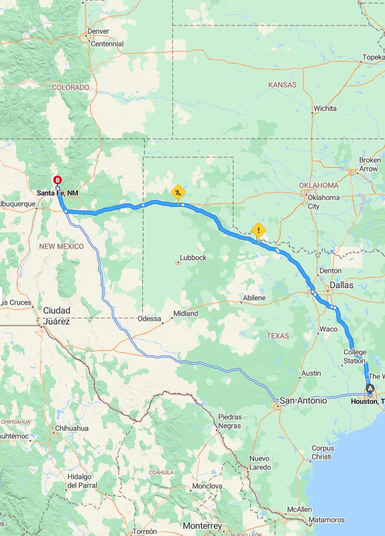 driving from Houston, Texas to Santa FeNew Mexico - map and route